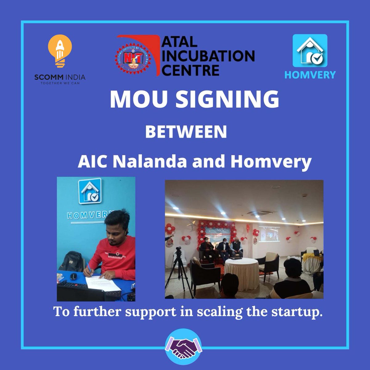 homvery's tweet photo. MoU has been signed between Homvery and @aicnalanda to further support in scaling the Startup.
Thanks to @IndiaScomm for the connect.
#Homvery
#Growth #Startup #Incubation #Support https://t.co/LwlPpLr2JJ