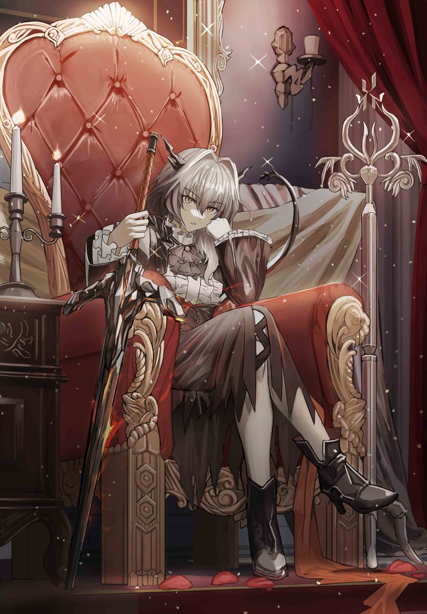 1girl candle weapon horns sword grey hair solo  illustration images