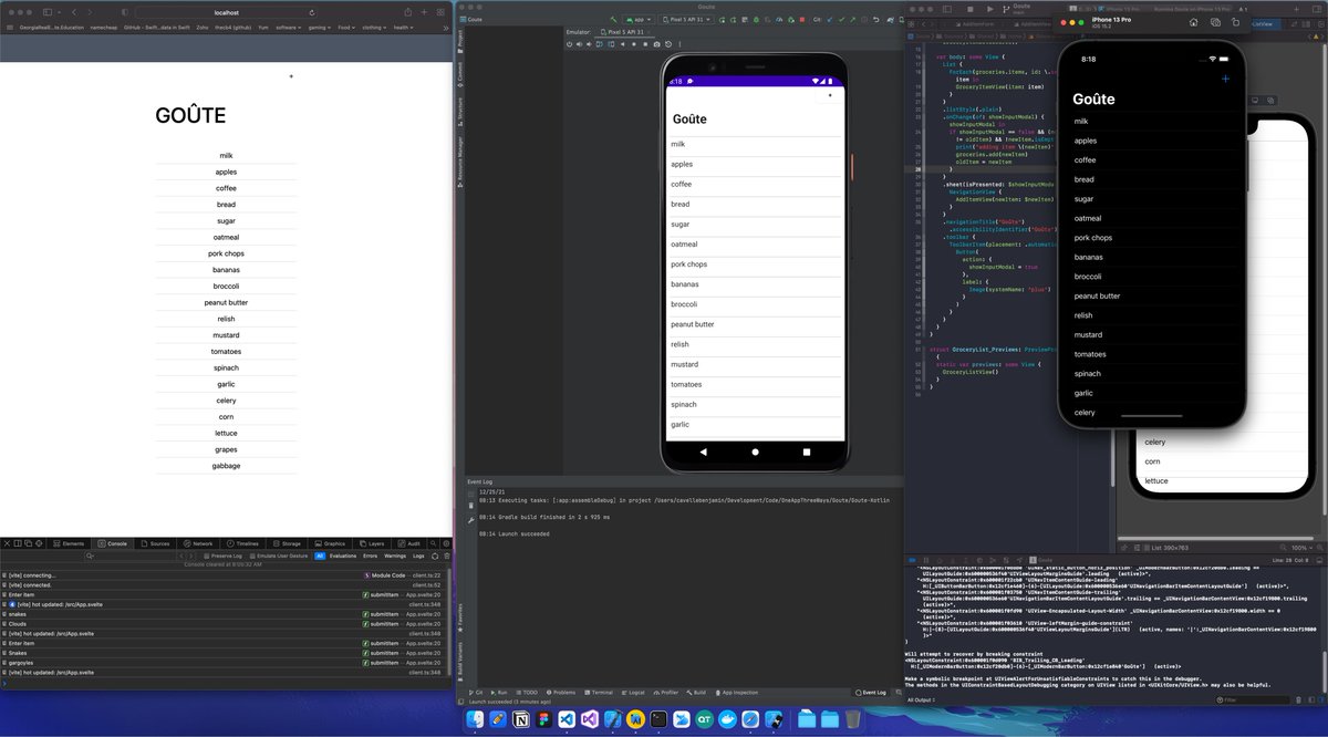 _TheCB4's tweet photo. A gift to myself… learning how to code the same app across 3 different platforms. Web (Svelte + TailwindCSS), Android (Kotlin + Jetpack Compose), and Apple (Swift + SwiftUI). #LearnByDoing #OneAppThreeWays #AllNative https://t.co/6Jz09UYxPP
