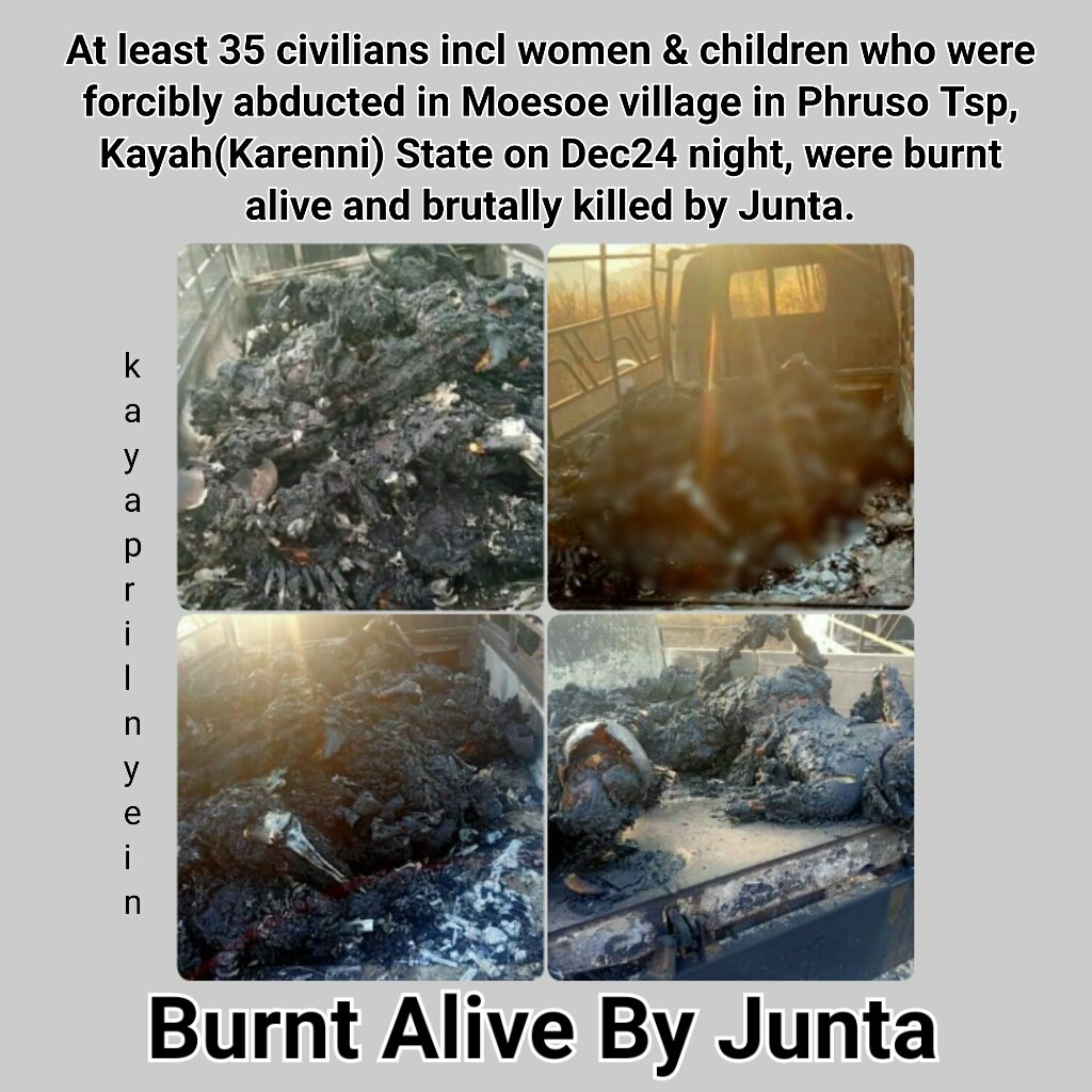 kayaprilnyein1's tweet photo. Tw // sensitive content

Dead bodies of at least 35 civilians incl elders and underages children who were abducted by Junta Troops in Moso Village, Hpruso township, Kayah (Karenni) state on Dec24, was found onto four trucks which had been set ablaze today.
#BurntAliveByJunta https://t.co/Itj64eCd7a