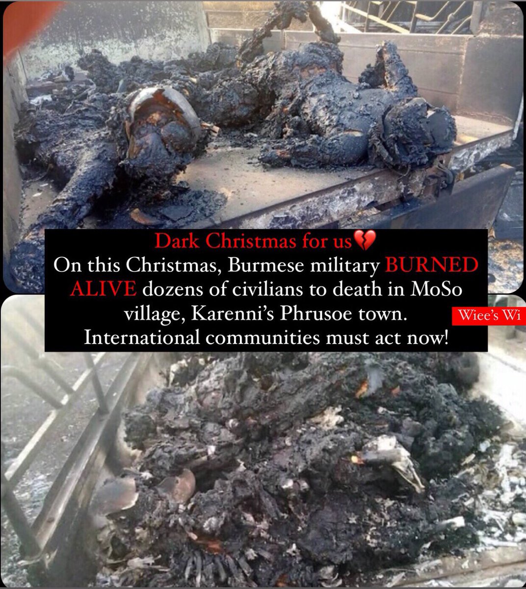 NEWWIEE_always's tweet photo. GRAPHIC: At least 30 civilians incl: children wr BURNT ALIVE by fascist military today. Even if we accidentally touch something hot, we feel sick.  I can’t imagine how much they suffered from the heat. Pls int’l communities help to stop Junta’s barbaric crimes.
#BurntAliveByJunta https://t.co/hVFo6Ncxgq