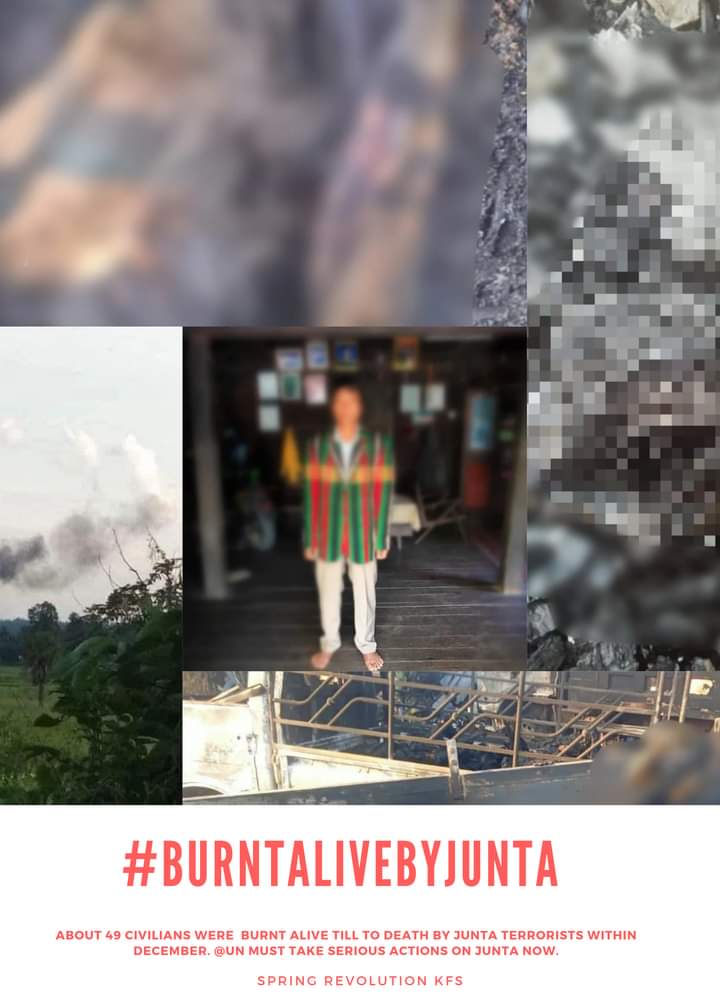 Phu_twt_mm's tweet photo. Tw//Sensitive content
About 49 innocent civilians including children and women were burnt alive to death by Junta Terrorists within this December.Why @UN_HRC is watching #WarCrimesOfJunta without taking strong actions on Junta?Take strong actions,No more words.
#BurntAliveByJunta https://t.co/ArbZ4knS5B