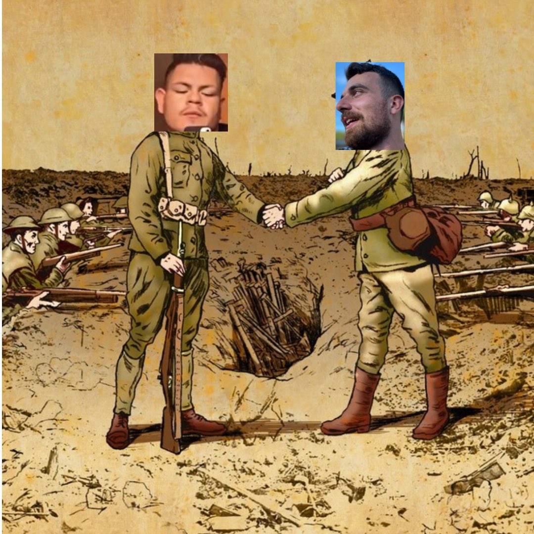 LARK_VADER's tweet photo. On Christmas Day in 1914, German troops made their way across enemy lines carrying candles and songs of peace

For one day amidst bloodshed, they broke bread and settled on a truce, to enjoy the holiday

The next day they resumed the siege!

Here’s our truce @Juan_Sampallo 😂😂 https://t.co/EiYCEu91xH