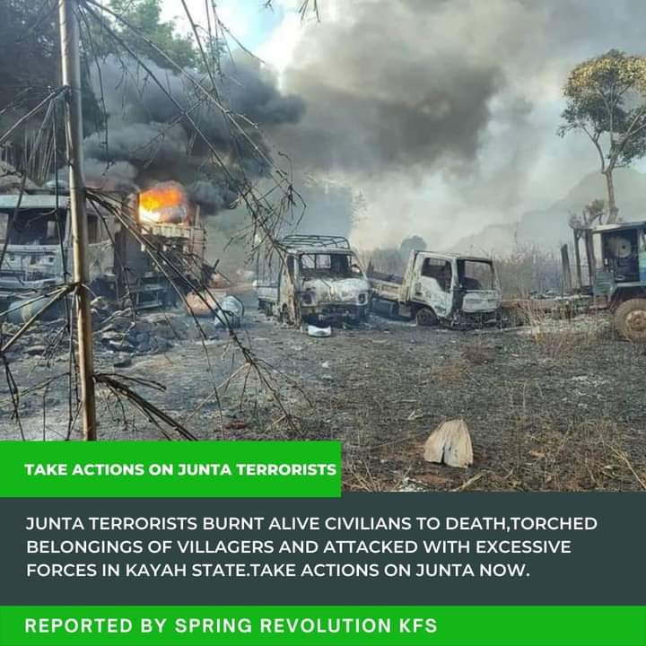 Phu_twt_mm's tweet photo. On the day of Christmas Eve,Junta Terrorists burnt alive civilians to death,torched belongings of villagers and attacked with excessive forces in Kayah state. All assaults committed by Junta Terrorists must accountable as soon as possible.@UN_HRC @ICJ_org @UN
#BurntAliveByJunta https://t.co/I6AfDdbGSX