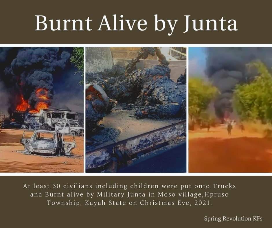 HanLinn31's tweet photo. TW// Burnt Bodies
At least 35 civilians including children were put onto Trucks and Burnt alive by Military Junta in Hpruso Township, Kayah State on Christmas Eve, 2021. We Urge @UN @ICJ_org @UN_HRC to take serious actions to save thousands of innocent lives.#BurntAliveByJunta https://t.co/yxnAu9ic5l