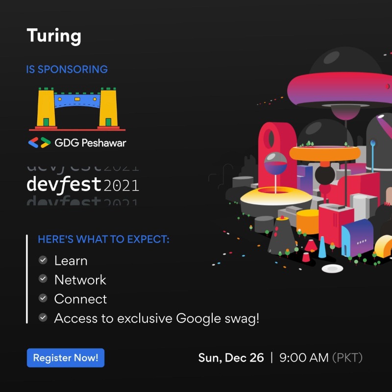 turingcom's tweet photo. Turing is sponsoring #GoogleDeveloperGroups to host #DevFest Peshawar and bring exciting upskilling and networking opportunities for talented developers! 🚀🙌

⁣⁣⁣🌐 Register Now: https://t.co/7iCHPWSBHC