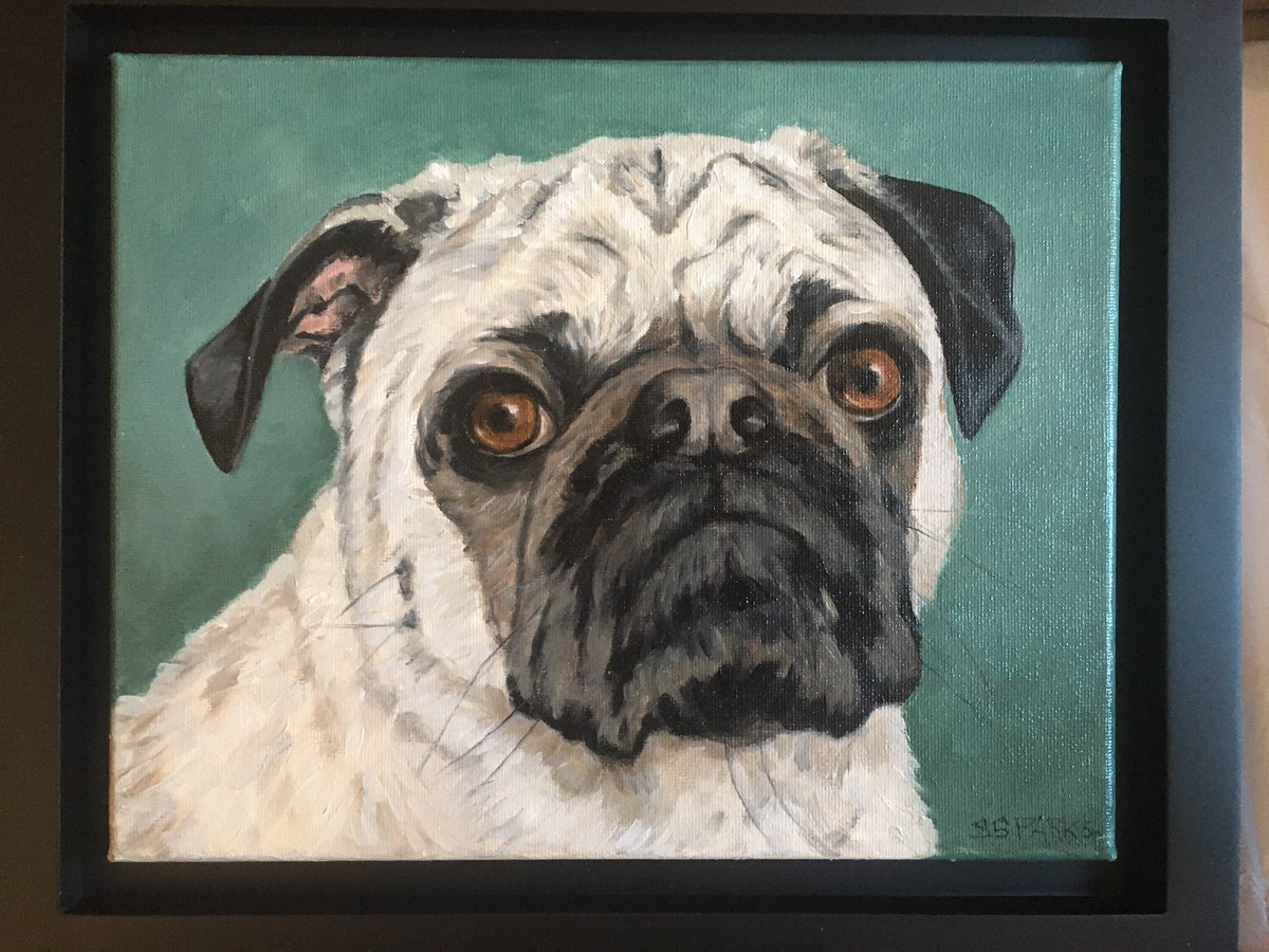 JasonGaudet's tweet photo. Gift for my wife: a painting of our recently passed pug, Sir Otis Lee of Kingsley, who was 16yrs. Painting by local artist Sara Sparks. #pug #petpainting #petportrait #ArtNB https://t.co/QrtqPYi1kU