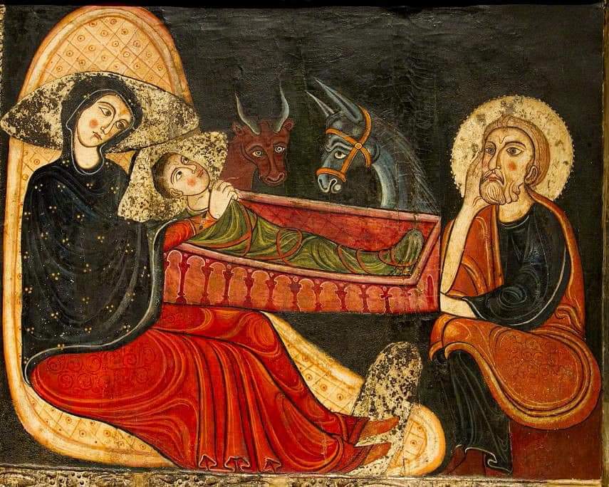 El Niño Dios ha nacido en Belén,
aleluya, aleluya,
quiere nacer en nosotros también,
aleluya, aleluya.
Sólo los pobres y humildes le ven,
aleluya, aleluya,
sólo el amor nos conduce hasta Él.

#art #painting
Frontal del altar de Aviá (1175-1180)  en el MNAC #Barcelona <a href="/anabrancal/">ANA Fernández</a>