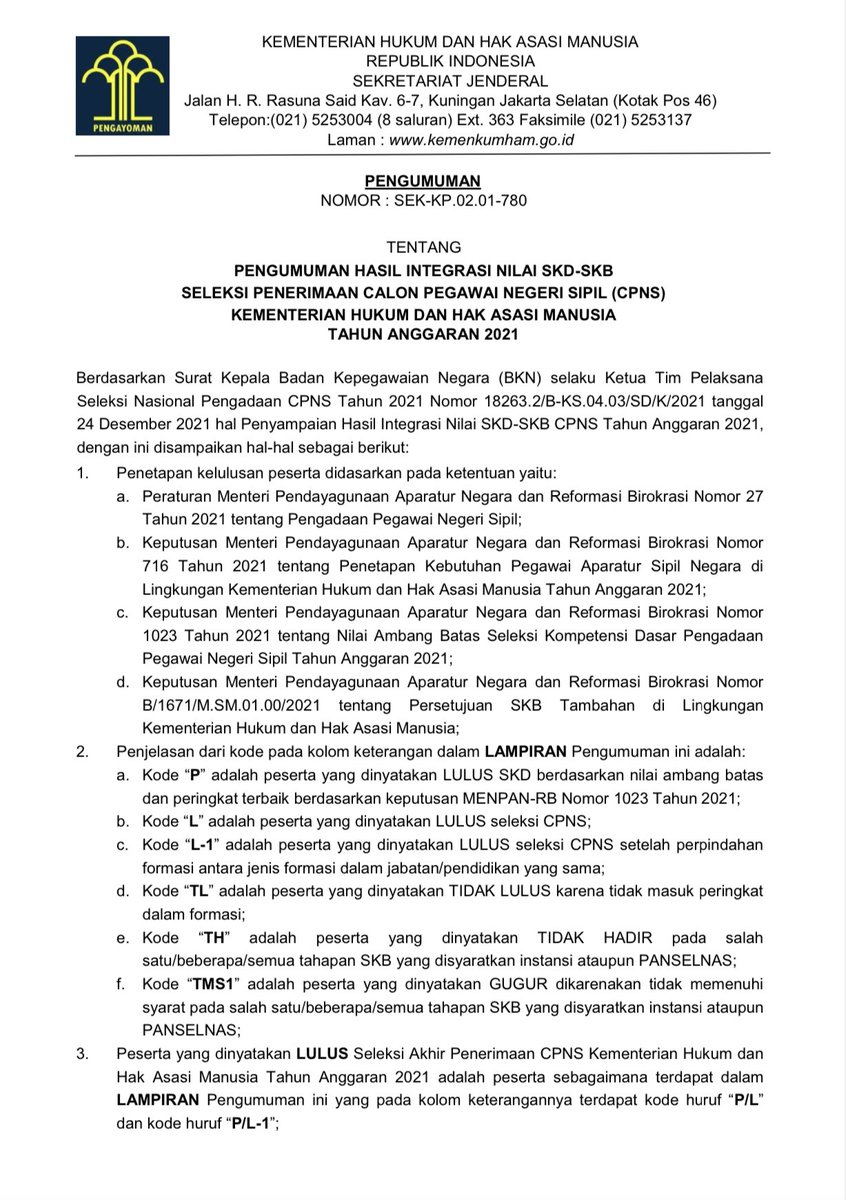 CASNkumham's tweet photo. berikut adalah

PENGUMUMAN
Nomor: SEK-KP.02.01-780

tentang

PENGUMUMAN HASIL INTEGRASI NILAI SKD-SKB SELEKSI PENERIMAAN CALON PEGAWAI NEGERI SIPIL (CPNS) KEMENTERIAN HUKUM DAN HAK ASASI MANUSIA TAHUN ANGGARAN 2021 https://t.co/DKuMyr8p6d