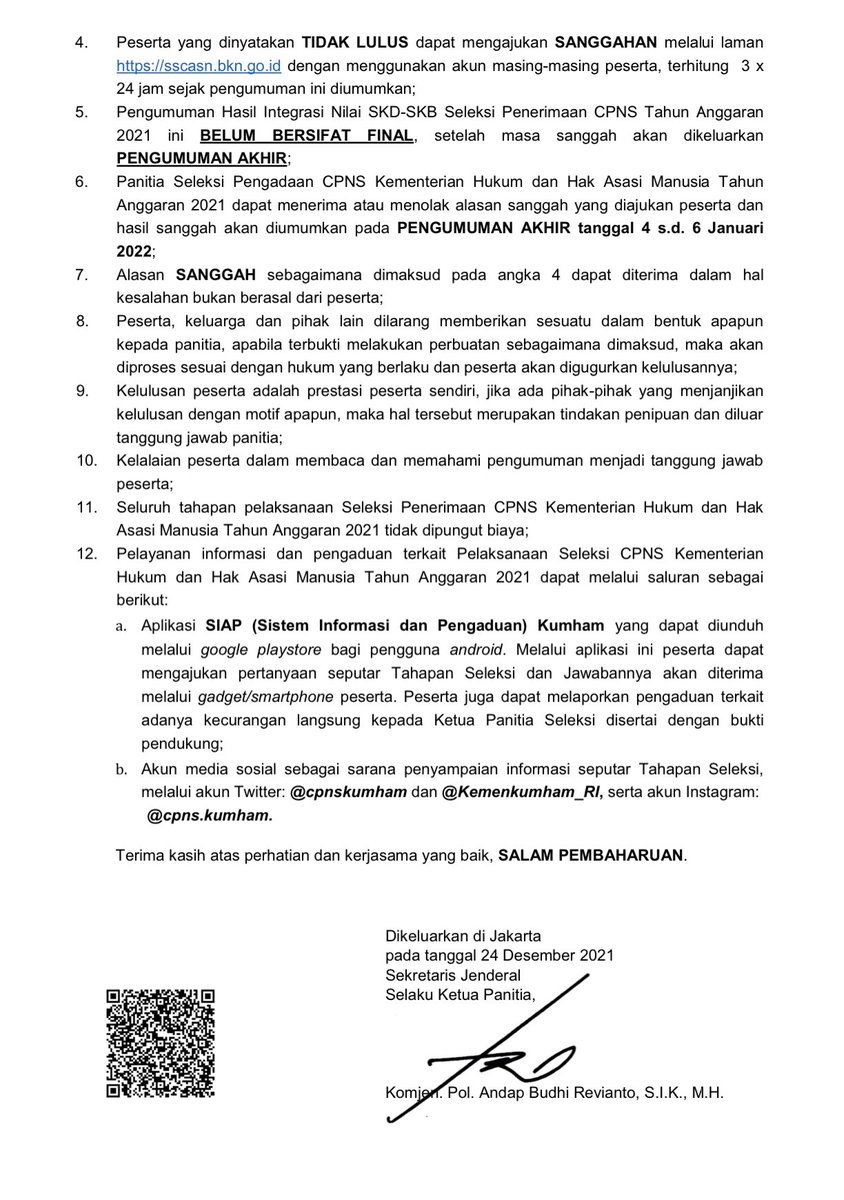 CASNkumham's tweet photo. berikut adalah

PENGUMUMAN
Nomor: SEK-KP.02.01-780

tentang

PENGUMUMAN HASIL INTEGRASI NILAI SKD-SKB SELEKSI PENERIMAAN CALON PEGAWAI NEGERI SIPIL (CPNS) KEMENTERIAN HUKUM DAN HAK ASASI MANUSIA TAHUN ANGGARAN 2021 https://t.co/DKuMyr8p6d
