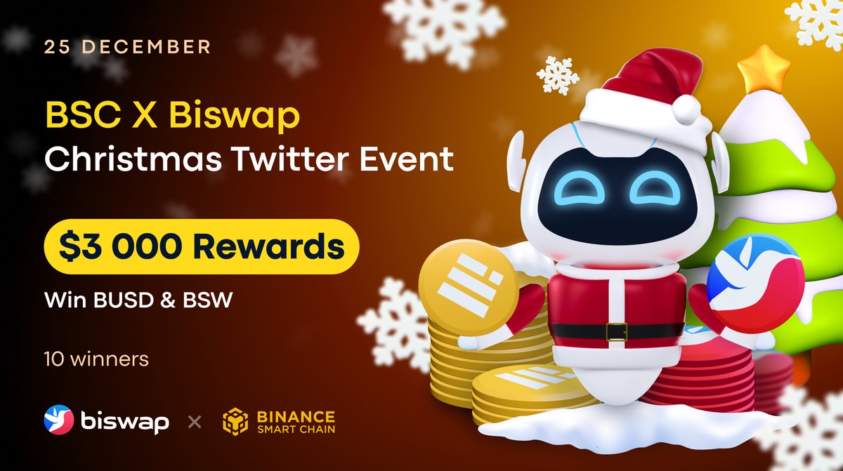 🎄 $3 000 BSC &amp; Biswap Christmas Twitter Event🎄

🗓 25 DEC  
⏰ 24H

🤴10 winners 

Follow conditions:

1️⃣ Follow <a href="/BinanceChain/">Binance Chain</a>  &amp; <a href="/Biswap_Dex/">Biswap</a>
2️⃣ Retweet the pinned Biswap tweet: bit.ly/3syw9DM
3️⃣ Fill out the form: bit.ly/3ptcvHa

Get crypto magic for Xmas!
