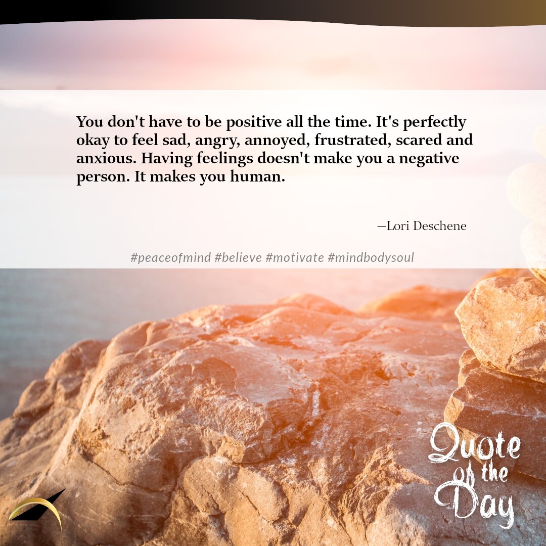 AlphaBehavioral's tweet image. You don't have to be positive all the time. It's perfectly okay to feel sad, angry, annoyed, frustrated, scared and anxious. Having feelings doesn't make you a negative person. It makes you human. Lori Deschene #peaceofmind #believe #motivate #mindbodysoul abccenterinc.com/contact.html?z…