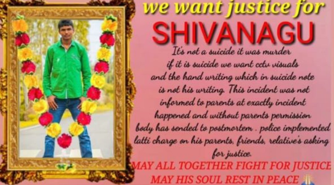 madhu6930's tweet photo. #wewantjusticeforshivanagu
It's not a suicide it's a murder,
If it's a suicide we want cctv footage and the letter they told they got is not of his handwriting. The incident was not informed to the parents exactly at the situation happened.
@KTRTRS  #Viral #wewantjustice https://t.co/aBRWq1u13x