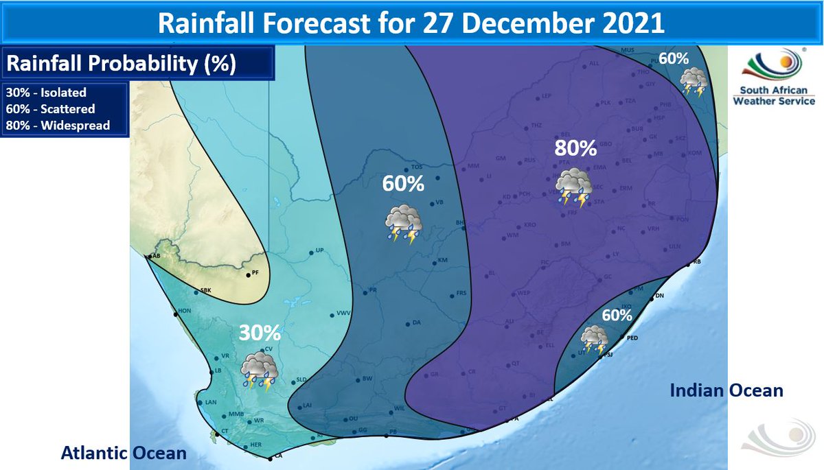 ⛈️BOXING DAY Weather Forecast- Widespread thunderstorms will develop over the central interior on Boxing Day with severe thunderstorms possible over the central interior and parts of the Eastern Cape. Widespread showers and thundershowers can be expected on Monday.