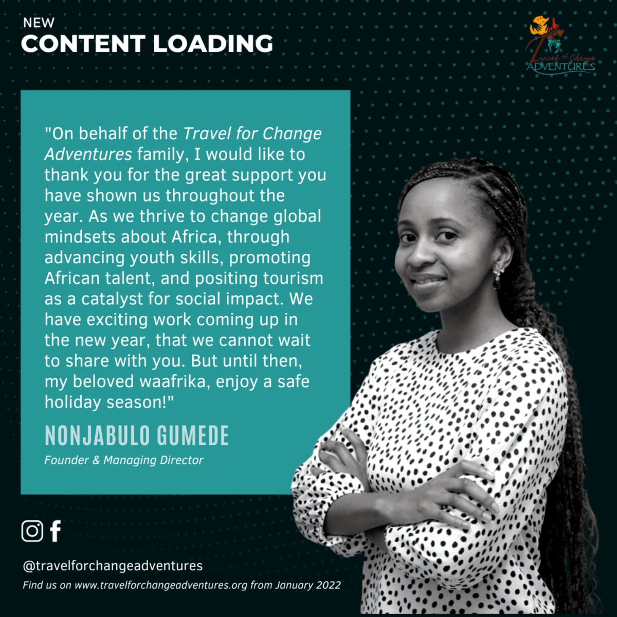 "...We have exciting work coming up in the new year, that we cannot wait to share with you. But until then, my beloved waafrika, enjoy a safe holiday season!"

#endofterm 
#newcontentloading
#holidayseason
#experienceafricawithus 
#travelforchange