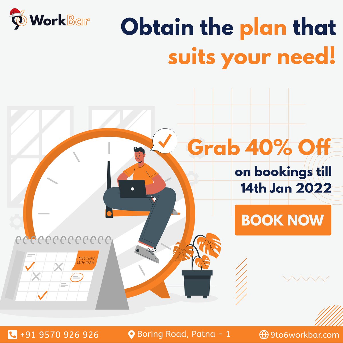 9to6workBar's tweet photo. Oh oh Offers All The Way! ⛄

Obtain the right plan that suits your need! 🎅

And Grab 40% Off on bookings till 14th Jan 2022. 🎟️

#offer #OffersAllTheWay #Christmas2021 #Santa #events #PlanB #Plans #work #Collaboration #coworking #MerryXmas #early2022 #9to6workbar #BOOKINGS #wfh https://t.co/alsUkpM2TC