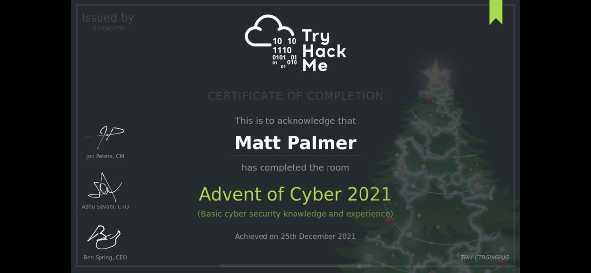 mattpalmeruk's tweet image. Just completed @RealTryHackMe Advent Of Cyber 3! Some really interesting topics and challenges. Learnt something new every day - looking forward to next year already! #adventofcyber3 #ethicalhacking