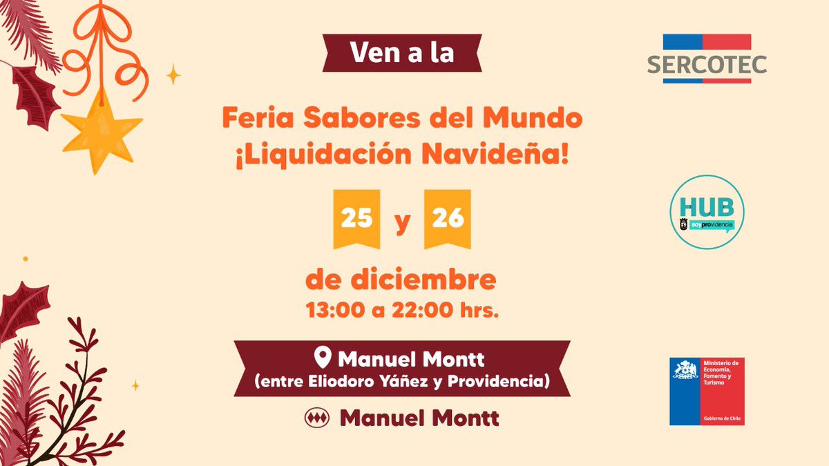 Sercotec_Chile's tweet photo. #RutaNavideña🎄 Desde las 13:00 hasta las 22:00 horas se realizará la feria “Sabores del mundo, ¡liquidación navideña! 🎅 Son 50 emprendedores que estarán en Manuel Montt entre Eliodoro Yáñez y Providencia junto a sus productos.
#EligePyme y #ApoyaElEmprendimientoNacional🇨🇱 https://t.co/bAv7GswrvM