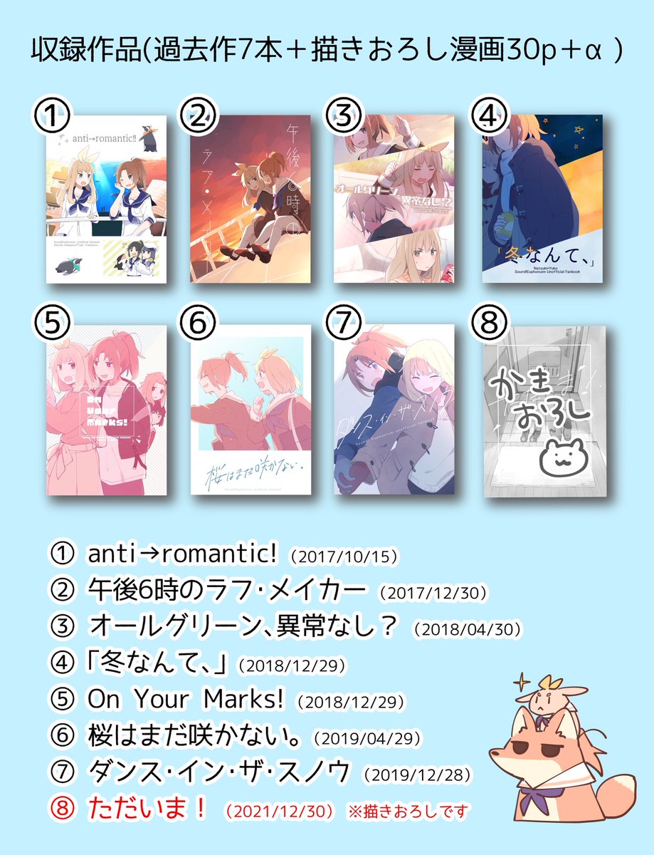 冬コミ新刊① なかよし川再録本です!
B6/250P/会場価格1500円
2017〜2019年の間に出した本と描き下ろし漫画30pなど、色々収録しています。
川愛込めました!よろしくお願いします💪
🍈メロンさんに委託させてもらってます〜
https://t.co/oo5iDXhZWH