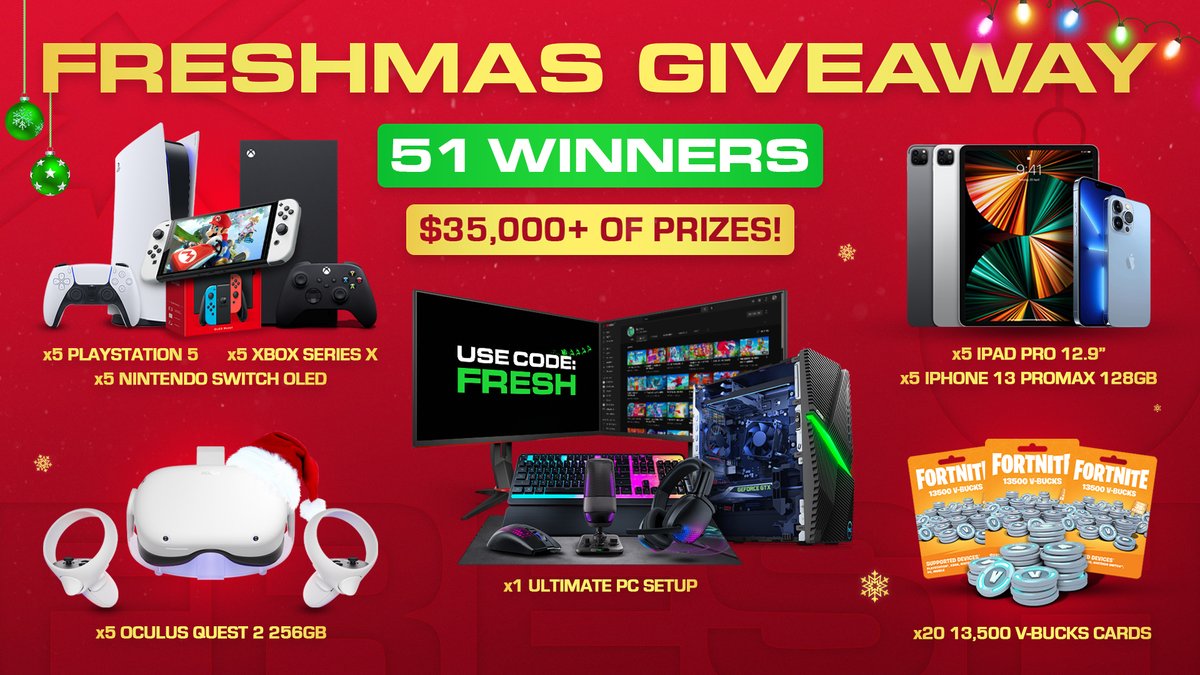 🎅 MERRY FRESHMAS! 🎄 🎁 51 WINNERS, $35,000+ IN PRIZES 🎁 🌏 WORLDWIDE 🌎 To enter use the following link to: - Comment/Retweet #MerryFreshmas2021 - Follow @Fresh Winners selected via link below! freshmas.club