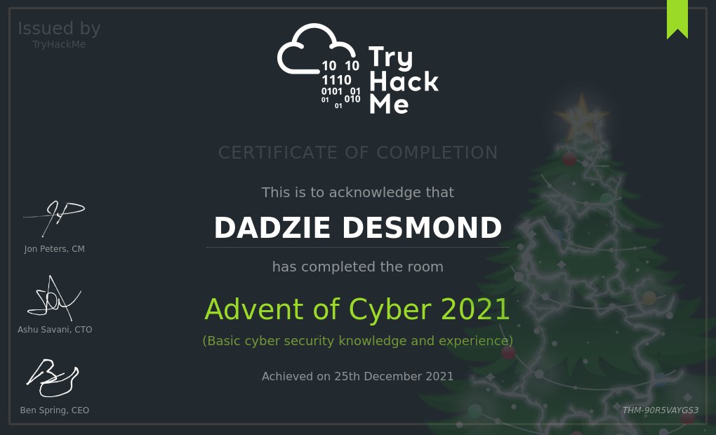 cyber_dessy's tweet image. woop woop 🎉🎉🎉🎉
Am super excited to have completed this year&apos;s Advent of Cyber3 on @RealTryHackMe  . Learnt tons of interesting stuffs I&apos;ve to build on right away. Thanks for this wonderful opportunity @RealTryHackMe  😊
#adventofcyber3 #adventofcyber2021 #tryhackme #AoC3