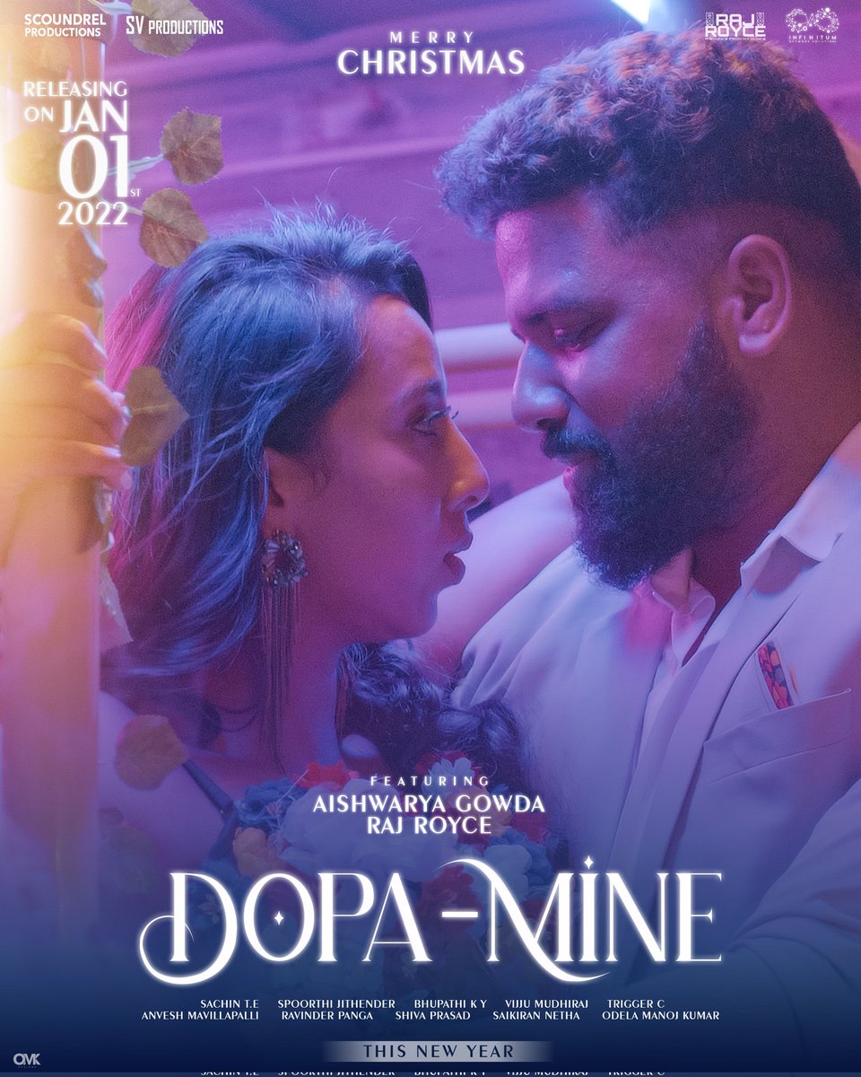 Rajroyce4's tweet photo. DOPA-MINE is releasing on this NEW YEAR EVE 01-01-2022 😍

MERRY CHRISTMAS ☃️

Featuring : @aish_isha @raj_royce
Written , Composed and Vocals : @raj_royce
Directed : @sachinn_filmmaker
Femalevocals :@spoorthi
Choreography : @vijju.mudhiraj
Mix &amp; Master :@triggerc https://t.co/zwH4iBBoxL