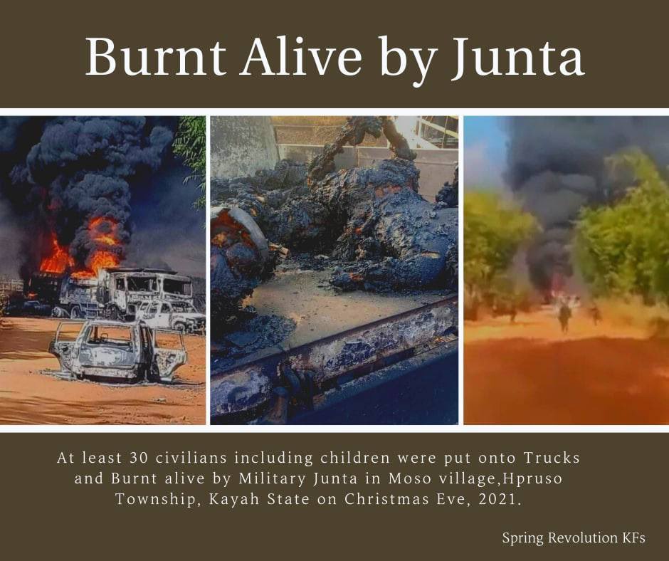 TintShwe5's tweet photo. Today,>35 ppl,including refugee children and women,were burned to death by terrorist SAC in Phruso,#Kayah State. Total of 49 civilians were burnt alive, including those killed in the Salingyi and Kalay incidents in #Sagaing.#BurntAliveByJunta #WhatsHappeningInMyanmar  #Dec25Coup https://t.co/S8Q7BsANSY