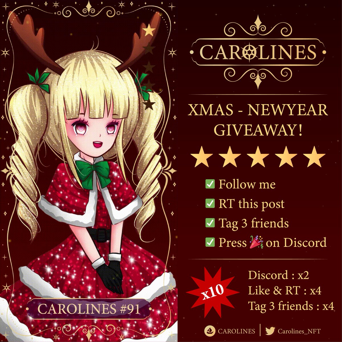 🎁 #ChristmasGiveway 🎁

To Win This #NFT : 
⭐️ Follow <a href="/Carolines_NFT/">𝐂𝐀𝐑𝐎𝐋𝐈𝐍𝐄𝐒</a>
⭐️ RT this post &amp; ❤️
⭐️ Tag 3 friends
⭐️ Join &amp; Press 🎉 on Discord discord.gg/yKJ9vgxqQm (GIVEAWAY Channel)

Winner will be announced on 1 January on Discord 🎉
#NFTTHAILAND  #NFTGiveaway #NFT #NFTCommunity