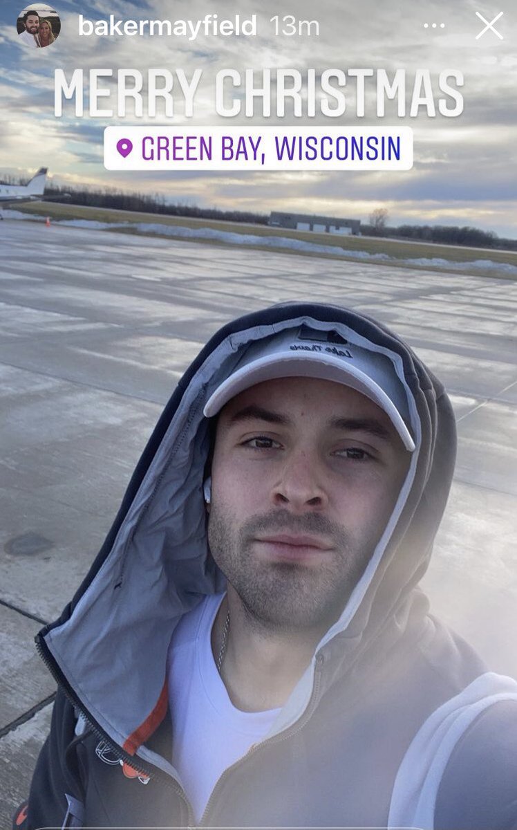 MaryKayCabot's tweet photo. #Browns Baker Mayfield has arrived in Green Bay this morning for the 430 game vs the #Packers, fresh off the Covid-19 list. This is from his IG story: https://t.co/yDUDvEILk0