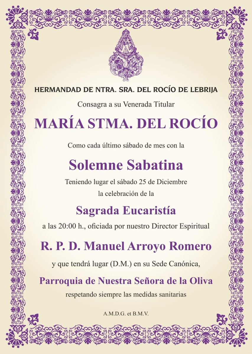 Hoy la Hermandad del Rocío de Lebrija celebra solemne sabatina

🕢 20:00h
⛪️ Parroquia de la Oliva