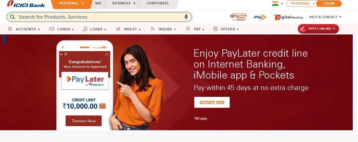 PaylaterIt has it’s own BNPL, which is just another form of low ticket credit facility.  https://www.icicibank.com/personal-banking/paylater.pageI have written more on BNPL here. https://twitter.com/Falak_Kalyani/status/1452263550198681602?s=2017..