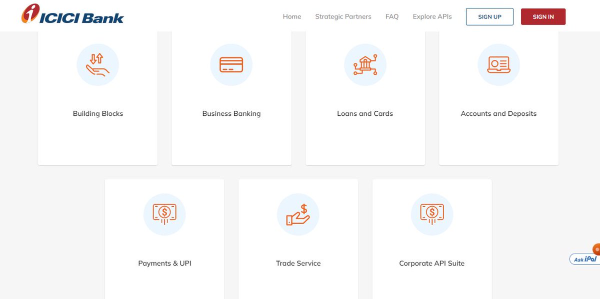Complete lists of tie-up with startups https://www.icicibank.com/business-banking/cash-management-services/connected-banking-library.pageAPI Banking https://developer.icicibank.com/#/index Instabiz https://www.icicibank.com/digital-banking/corporate-digital-banking.page24.