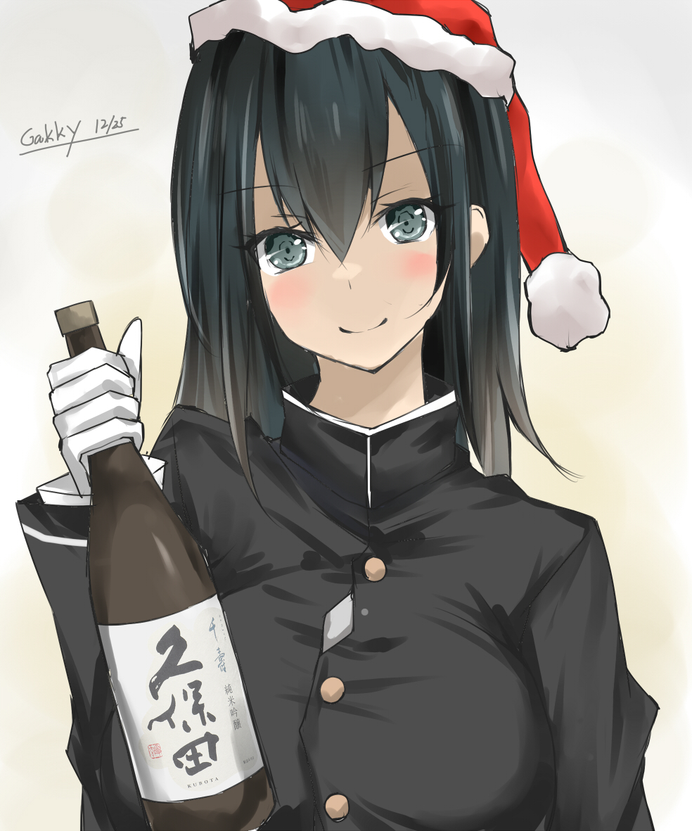 akitsu maru (kancolle) 1girl hat solo santa hat black hair white gloves bottle  illustration images