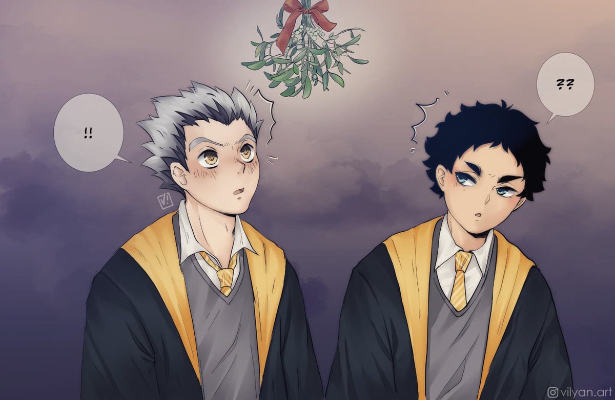 I hope you all have a nice and warm holiday season! 🎄I'm visiting my mom's place and yesterday I got inspired by mistletoe in the kitchen 😆 I remembered this scene from HP movie and I thought it was something Bokuto would say.
#bokuaka #haikyuufanart #bkak #hpxhaikyuu 