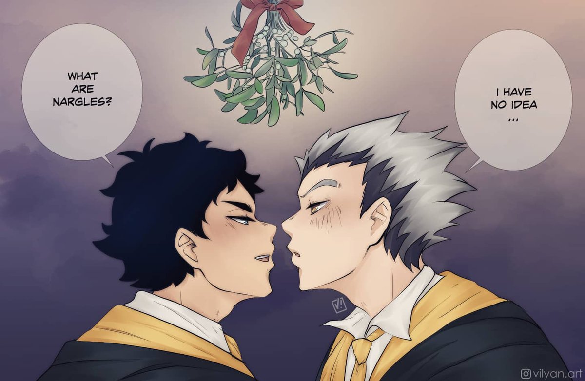 I hope you all have a nice and warm holiday season! 🎄I'm visiting my mom's place and yesterday I got inspired by mistletoe in the kitchen 😆 I remembered this scene from HP movie and I thought it was something Bokuto would say.
#bokuaka #haikyuufanart #bkak #hpxhaikyuu 