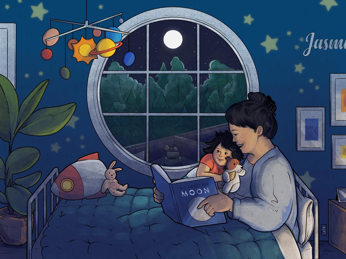 Illustration of a mother and child reading a book about the Moon in bed, underneath the glowing Moon in the window