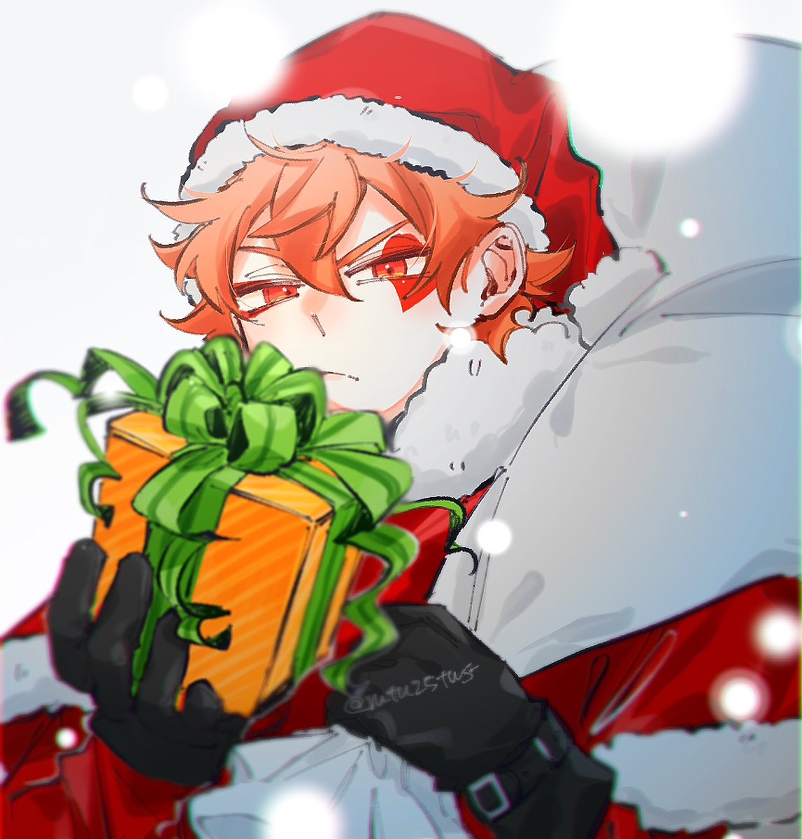 1boy hat male focus santa hat gift gloves solo  illustration images