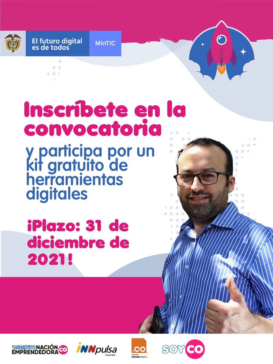Ministerio_TIC's tweet photo. Inscríbete en Dominio .CO, #NaciónEmprendedora y #SOYCO para adquirir de manera gratuita un kit con herramientas digitales: 
● https://t.co/mXTAidpnxI 
● Cuenta de correo electrónico 
● Hosting
● Plantilla para crear la página web
https://t.co/VQri6nx2Md https://t.co/ENFcyE432n
