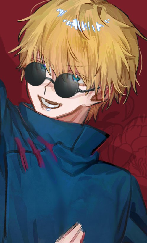 1boy male focus blonde hair sunglasses solo red background blue eyes  illustration images
