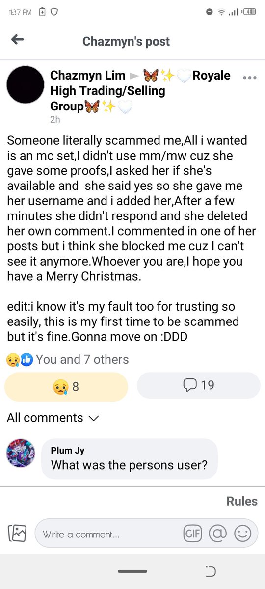 angelbubles_'s tweet photo. Ya'll I just wanna share this person got scammed DURING CHRISTMAS DAY,,
Chazmyn(victim) didn't use mm/mw cuz Lady pearl(scammer) shared some proofs
#royalehigh #royalehighscam #scammerlist https://t.co/dDXpcBDNWk