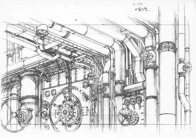 『木村さんがちゃちゃっと描いてしまった原図』追加ですこれにはc712と書いてあるが前に上げてあるBGには汚い字で709(707?)と書いてある…どっちが正しいかわかりまへん…なぜこうなった?#スチームボーイ #STEAMBOY #背景 #背景美術 