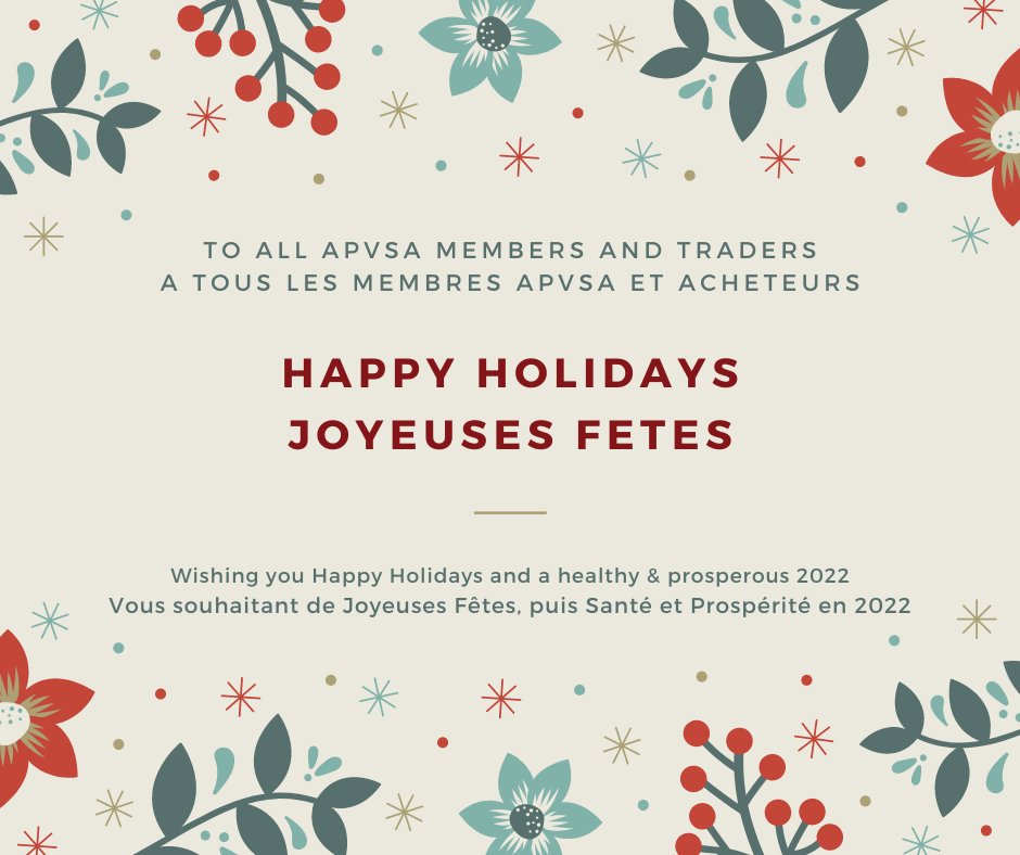 ApvsaMontreal's tweet photo. To all APVSA Members and Traders;
We wish you Happy Holidays and a healthy &amp; prosperous 2022
A tous les adhérents de l'APVSA et au réseau d'acheteurs, nous vous souhaitons de Joyeuses Fêtes, ainsi que Santé 1 Prospérité pour 2022.
#Winetasting #HappyNewYear #HappyHolidays #APVSA https://t.co/RUFVeUrkIr