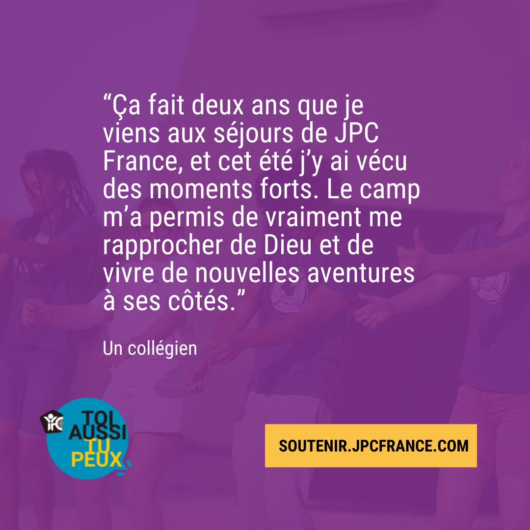 jpcfrance's tweet image. Toi aussi tu peux 💪 ! Grâce aux prières, aux dons, les jeunes peuvent avoir accès aux #séjours d'été ou d'hiver, dans lesquels ils peuvent se #rapprocher de Dieu et #solidifier leur #foi 🙏
.
Tu auras toutes les infos ici : swll.to/wp25e