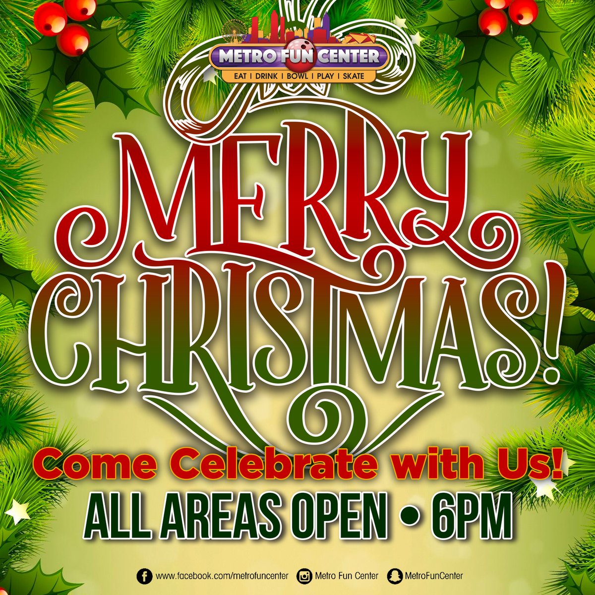 Metrofuncenter's tweet photo. 🎅Merry Christmas 🎄Celebrate with us! All areas open at 6 pm

#merrychristmas #celebration #metrofuncenter #fun #atl #atlanta #christmasday https://t.co/hhtU2psNF1