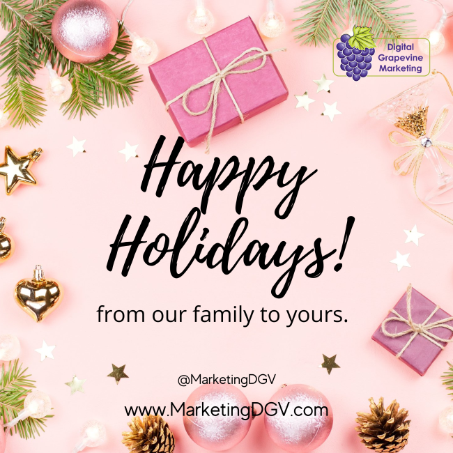MarketingDGV's tweet photo. Happy holidays from all of us at Digital Grapevine Marketing. We hope its full of family, friends and fun. Be safe this holiday season.

#Holidays2021
#Christmas
#December25
#MerryChristmas
#Xmas
#Business
#SmallBusinessOwners
#SmallBusiness https://t.co/229ITK6psA
