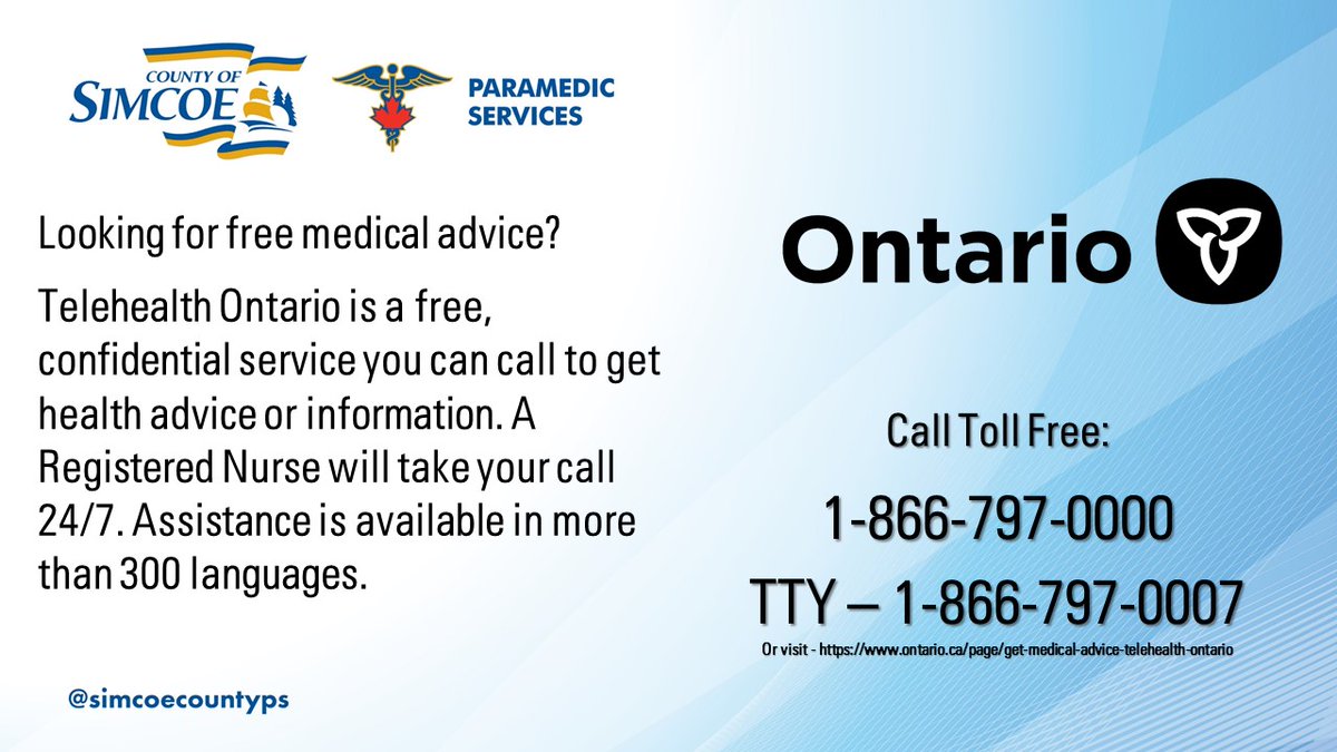 simcoecountyPS's tweet photo. If you or someone in your isn't feeling well and it isn't a medical emergency, call a registered nurse at #TelehealthOntario for free confidential medical advice. #Alternatives #maketherightcall #ontario @CSPSChief @Opseulocal303 @_OAPC @ParamedicChiefs https://t.co/HwOFNrTa5m