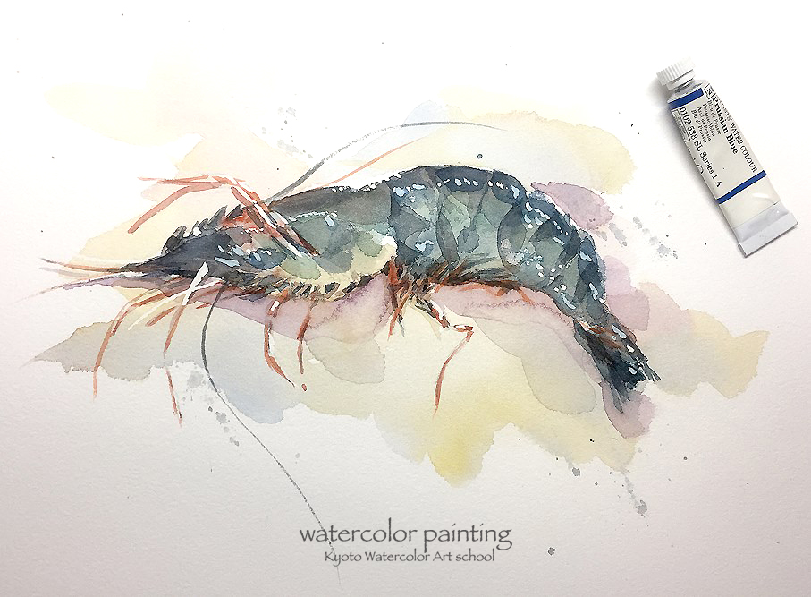 「料理屋さんで頂いた車海老。美味しいものは腹に留める絵に留める^ ^#Waterc」|わへい水彩画@京都水彩画塾塾長のイラスト