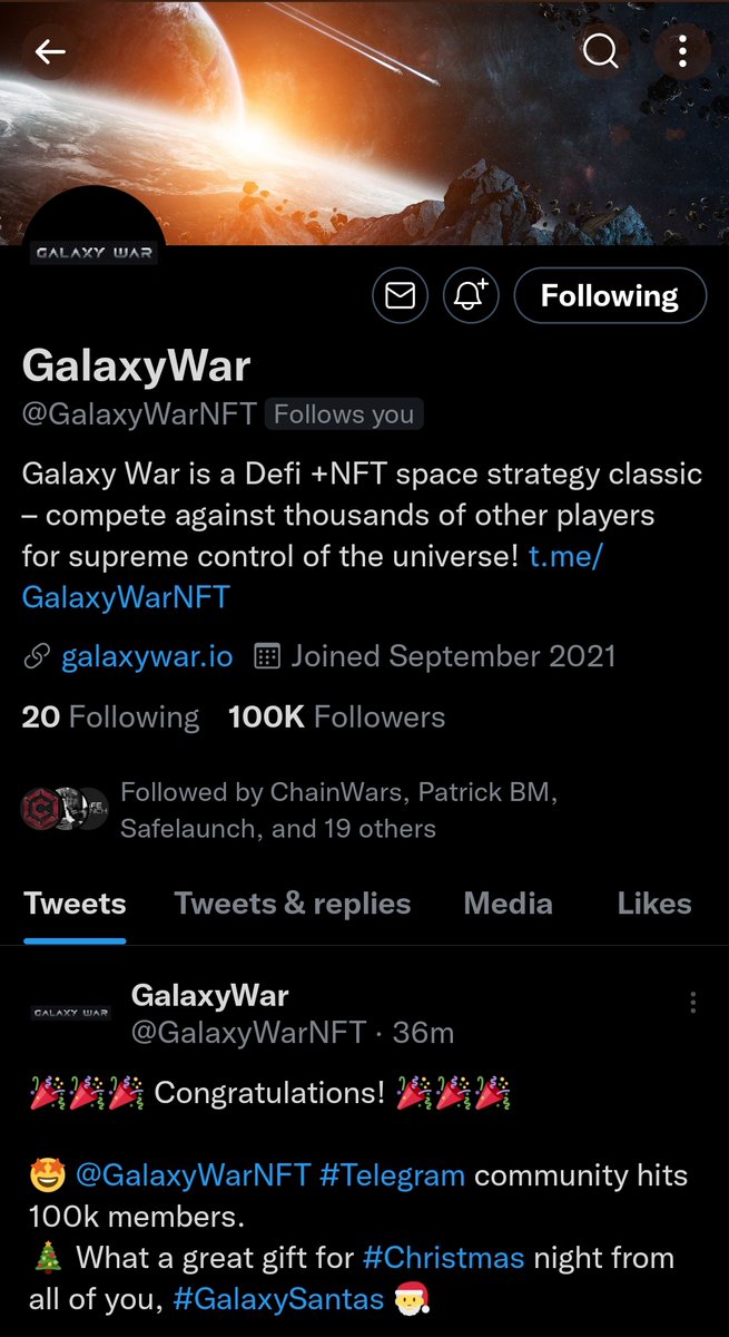 Our #Telegram community and #Twitter account got 100k members in the same day hohoho 🎄

Big thank-you to all investors and followers for supporting #GalaxyWar so far. Great news is coming your way 🚀

#OEC #BSC #hustle #mutichain #multiverse