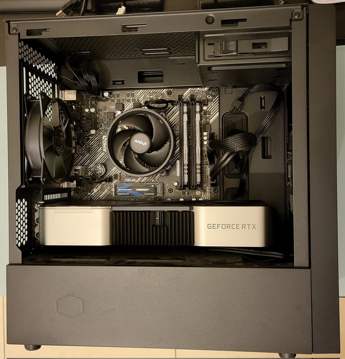 tkstechtalk's tweet photo. Upgraded my #AMD #RX570 to #nvidia #rtx3090 in my #coolermaster nr400 case on #asus B550m-k motherboard until i get my 12th gen #intel ... look at the size difference! https://t.co/sVLsj0Zl7M