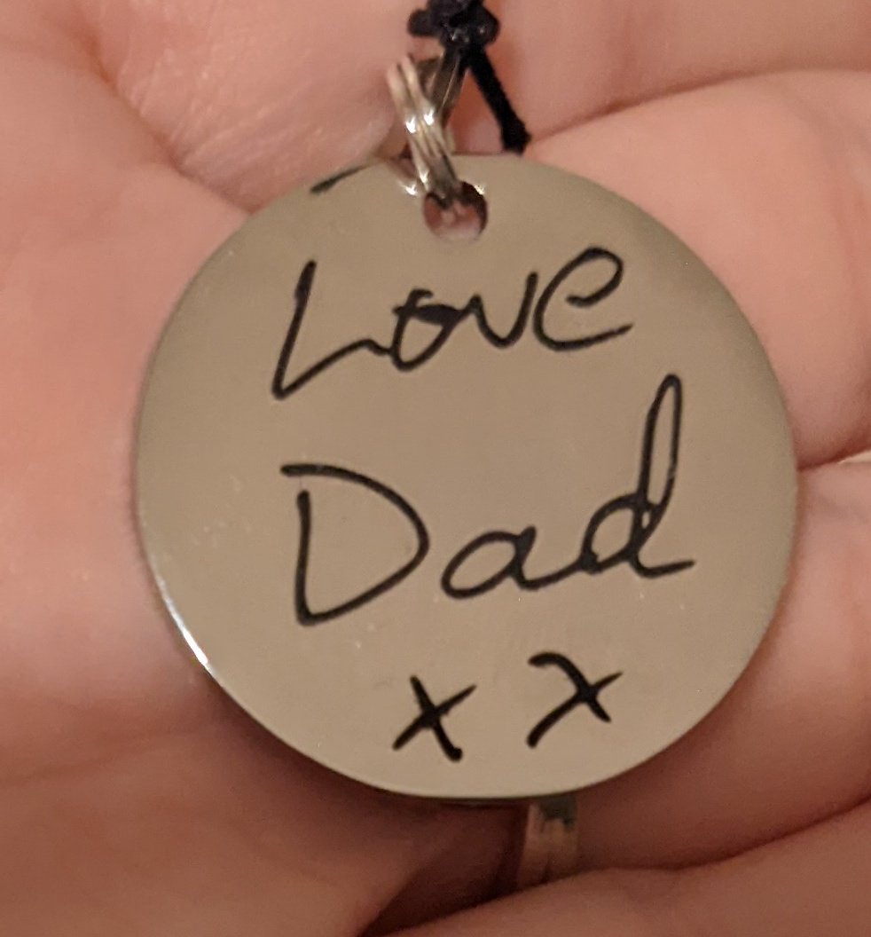 MissRebeccaC's tweet photo. My dad died 10 years ago by and this was written in the last birthday card he sent to my sister. For Christmas, she got it turned into key rings for us all. Such a thoughtful gift I'll keep forever❤️ https://t.co/tuFOHomhD6
